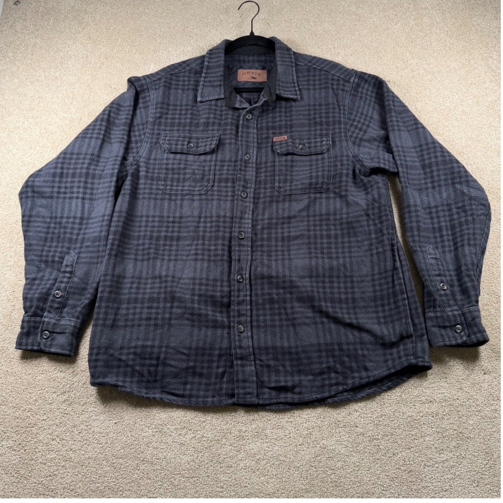 Orvis Mens Long Sleeve Plaid Flannel Button Down Shirt Grey Black Large
